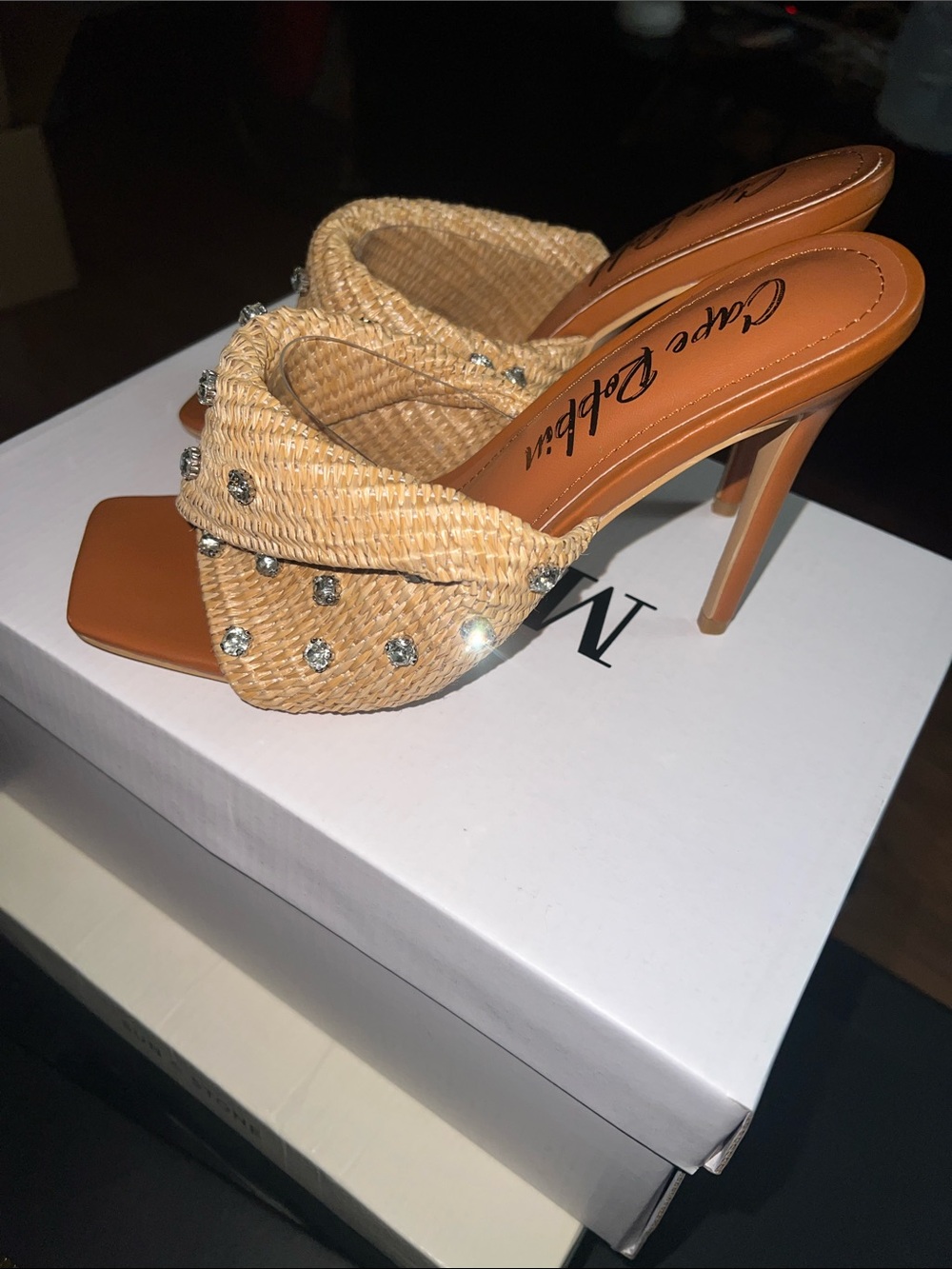 Cape Robbin Tan Woven Rhinestone Slip-On Heels